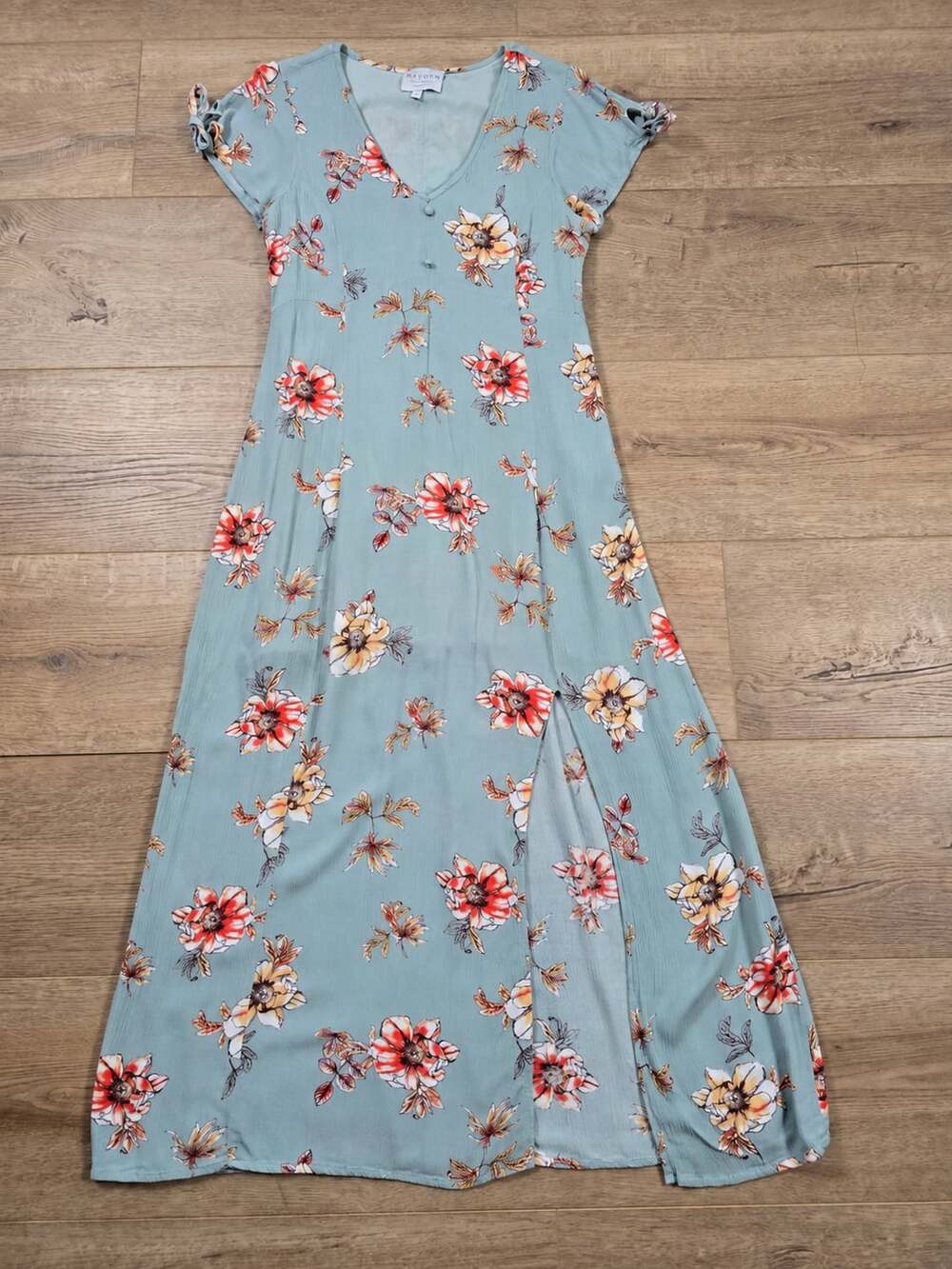 Hayden Los Angeles Floral Maxi Dress Sage Green Button Front Slit Size L - Picture 2 of 8